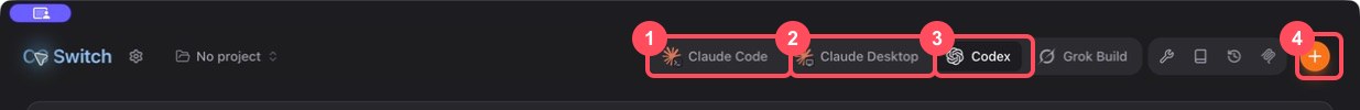 CC Switch client selector for Claude Code, Claude Desktop, Codex, and adding a provider